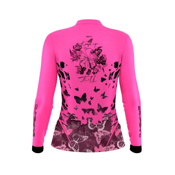 Camisa De Pesca Feminina BRK Rosa COM Borboletas UV50 Tam. Baby Look G