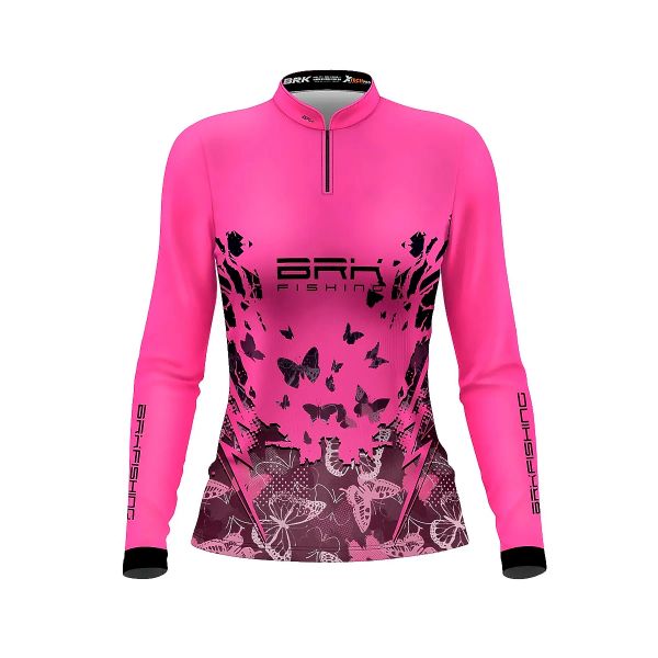 Camisa De Pesca Feminina BRK Rosa COM Borboletas UV50 Tam. Baby Look GG