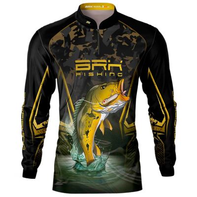 Camisa De Pesca Masculina BRK Preta Camo Tucunaré Amarelo UV50 Tam. G1