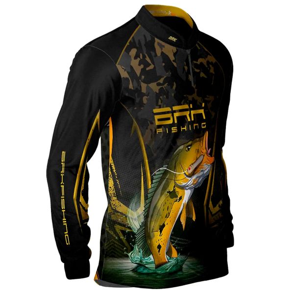 Camisa De Pesca Masculina BRK Preta Camo Tucunaré Amarelo UV50 Tam. G1