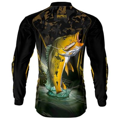 Camisa De Pesca Masculina BRK Preta Camo Tucunaré Amarelo UV50 Tam. G1