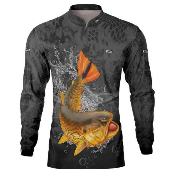 Camisa De Pesca Masculina BRK Preta Escama Peixe Dourado UV50 Tam. G