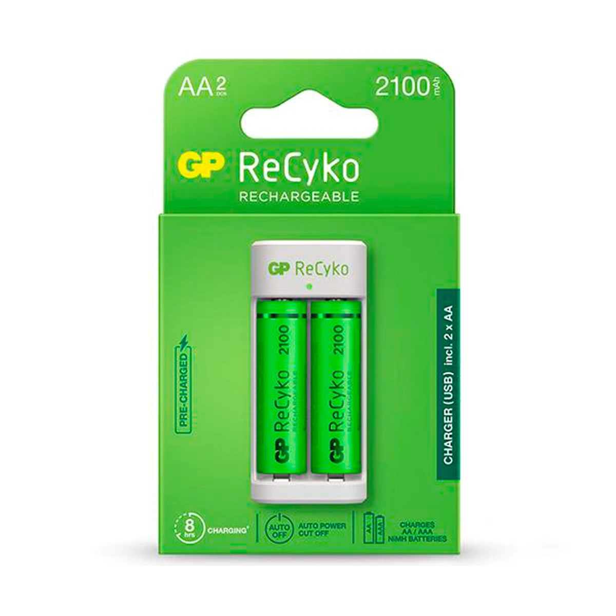 Carregador GP Recyko USB C/ 2 Pilhas Recarregáveis AA Nimh 2000MAH Ref. GPACSE211001 