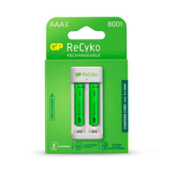 Carregador GP Recyko USB C/ 2 Pilhas Recarregaveis AAA Nimh 800MAH Ref. GPACSE211002